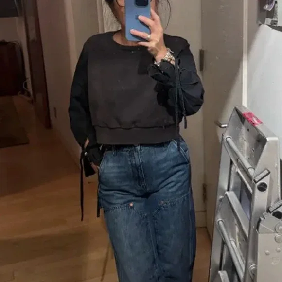 3.1 Phillip Lim Gray Crop Sweatshirt XS Whimsigoth Tie Sleeves Designer $300 - Picture 5 of 12